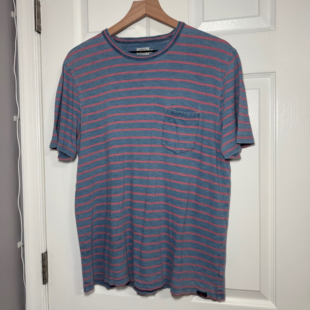 Faherty Brand Mens Indigo Dyed Striped Pocket Cotton T-Shirt Blue Pink Size M